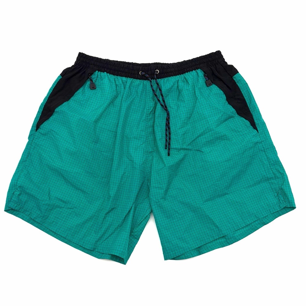 Catalina Mens size 2XL Teal/Black Plaid NYLON Swim Trunks Shorts Zip Pockets